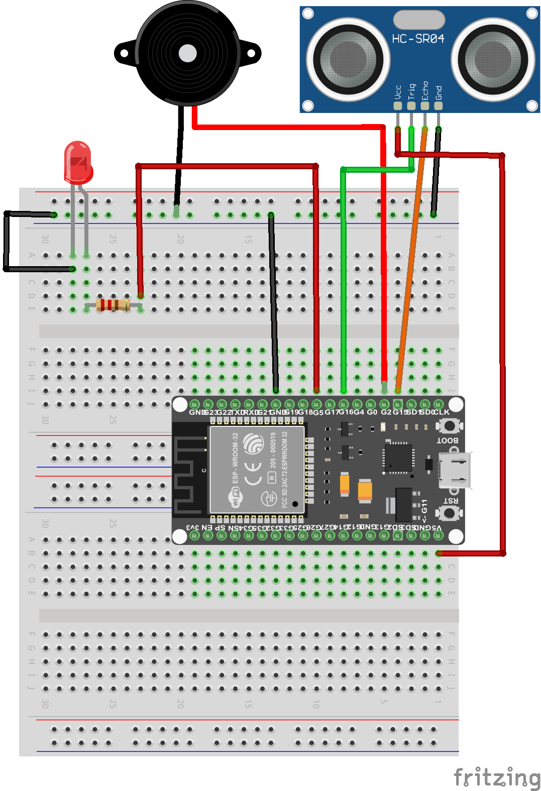 Abbildung: Fritzing-Steckplatine mit Ultraschallsensor