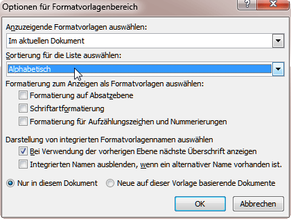 Formatvorlagen Optionen-Fenster